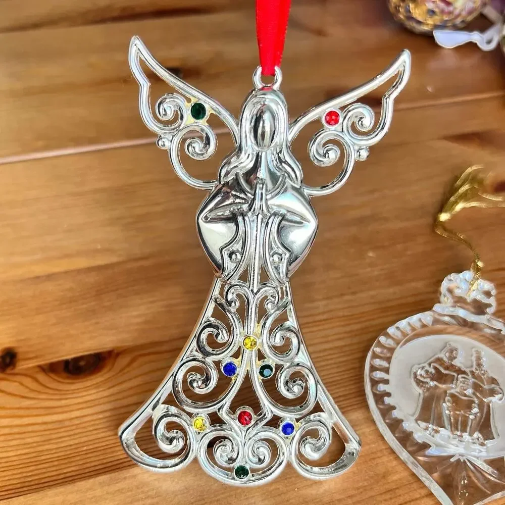 Lot of‎ 2 Lenox Christmas Ornaments Silver Angel Etched Crystal Frosted Carolers